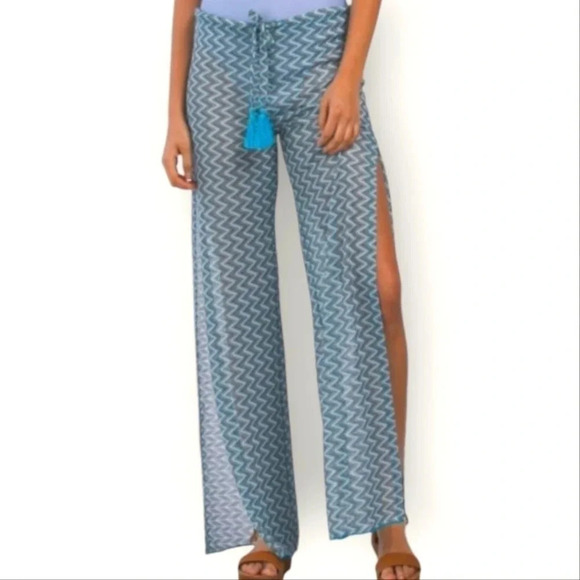 BECCA Blue Jacquard Crochet Beach Pants Size M Drawstring Wide Leg Slit - Picture 7 of 7